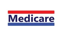 A red , white and blue medicare logo on a white background.