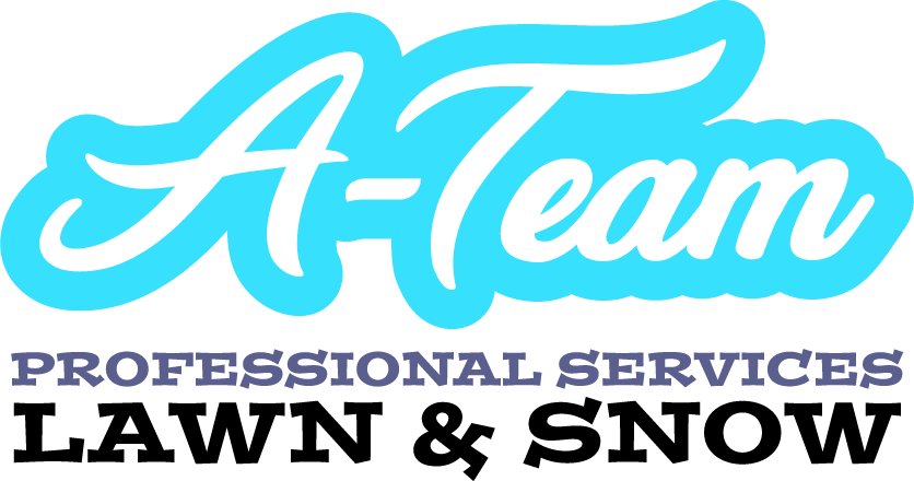 A-Team Professional Services Lawn & Snow logo with blue cursive text over black block lettering.