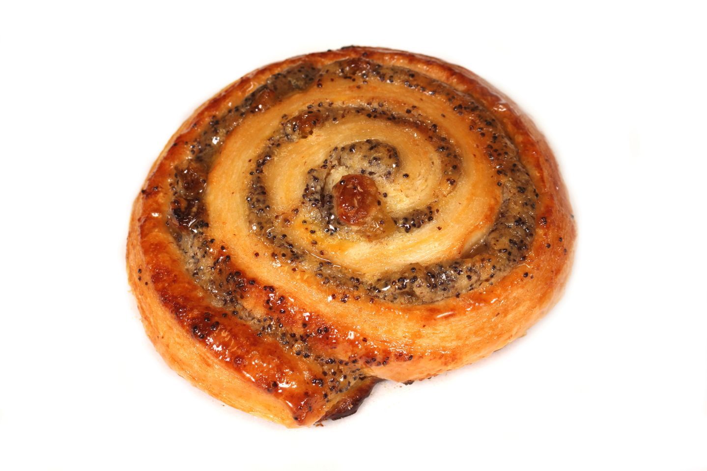 Swirled pastry with poppy seeds on a white background.