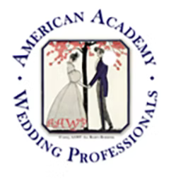 American Academy Wedding Professionals logo: Bride and groom, holding hands under tree, encircled by text.