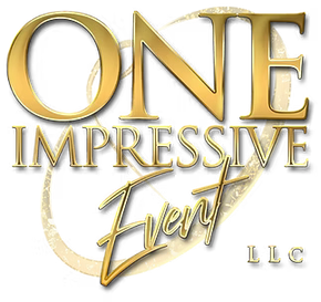 Gold logo for "One Impressive Event LLC", featuring stylized text on a decorative gold heart background.