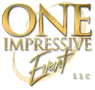 Gold logo for "One Impressive Event LLC", featuring stylized text on a decorative gold heart background.