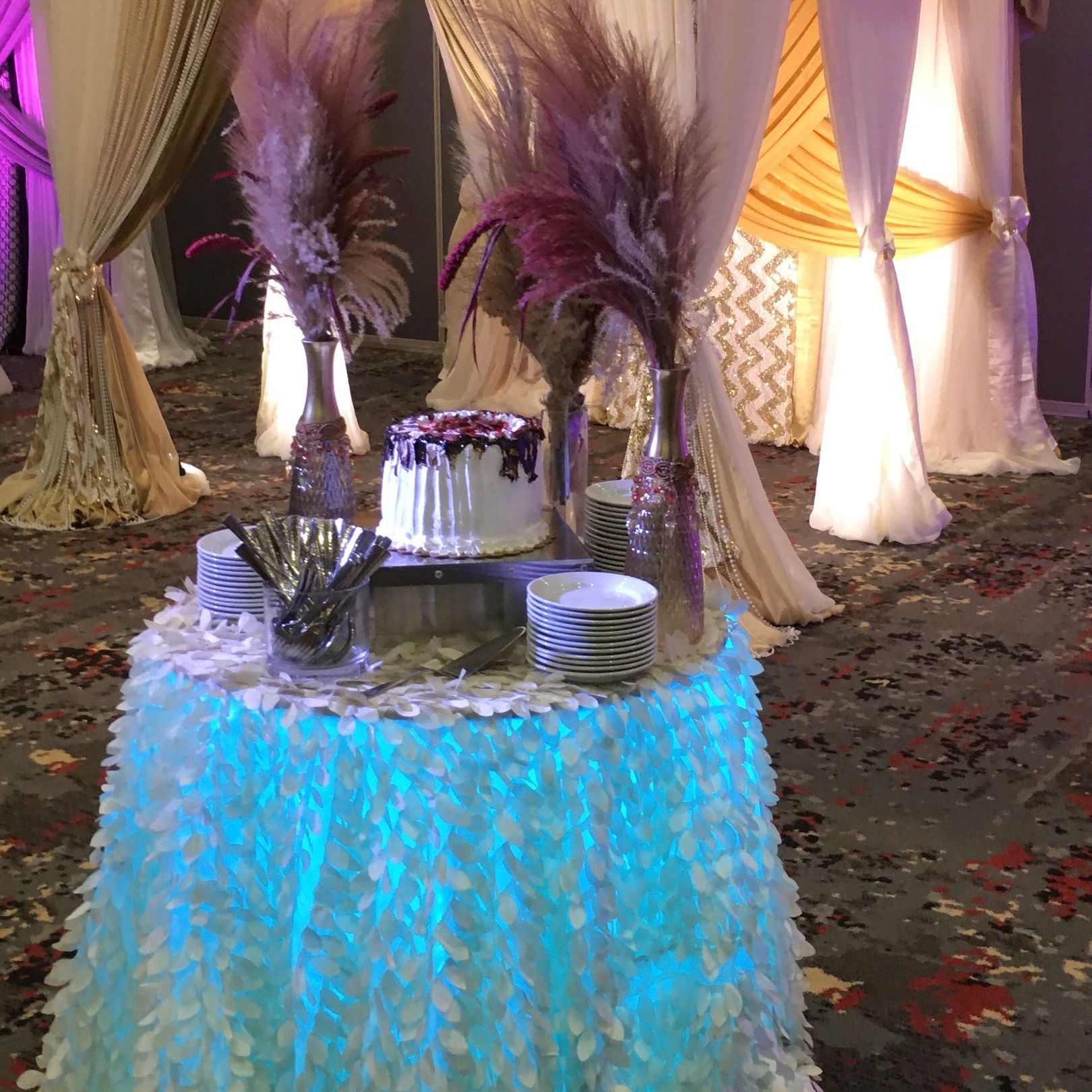 Cake table with blue-lit skirt, cake, dishes, and pampas grass decorations. Draped backdrop in background.