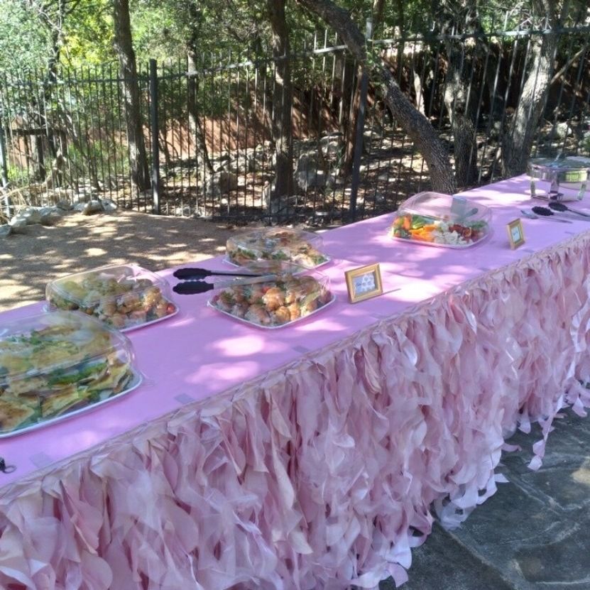 Pink-skirted food table with appetizers, outside in a park-like setting.