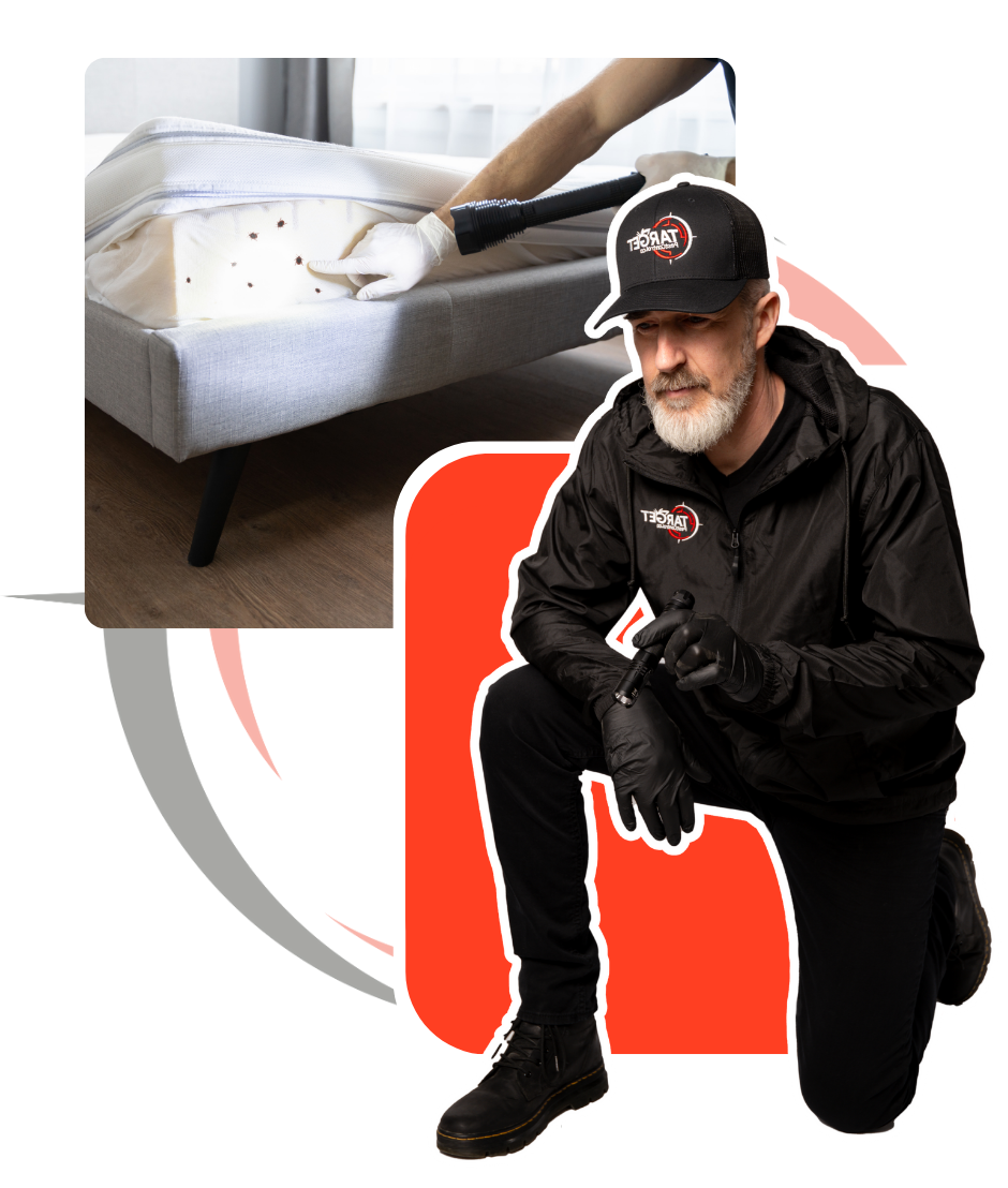 A man is kneeling down next to a bed with a flashlight inspecting for bed bugs