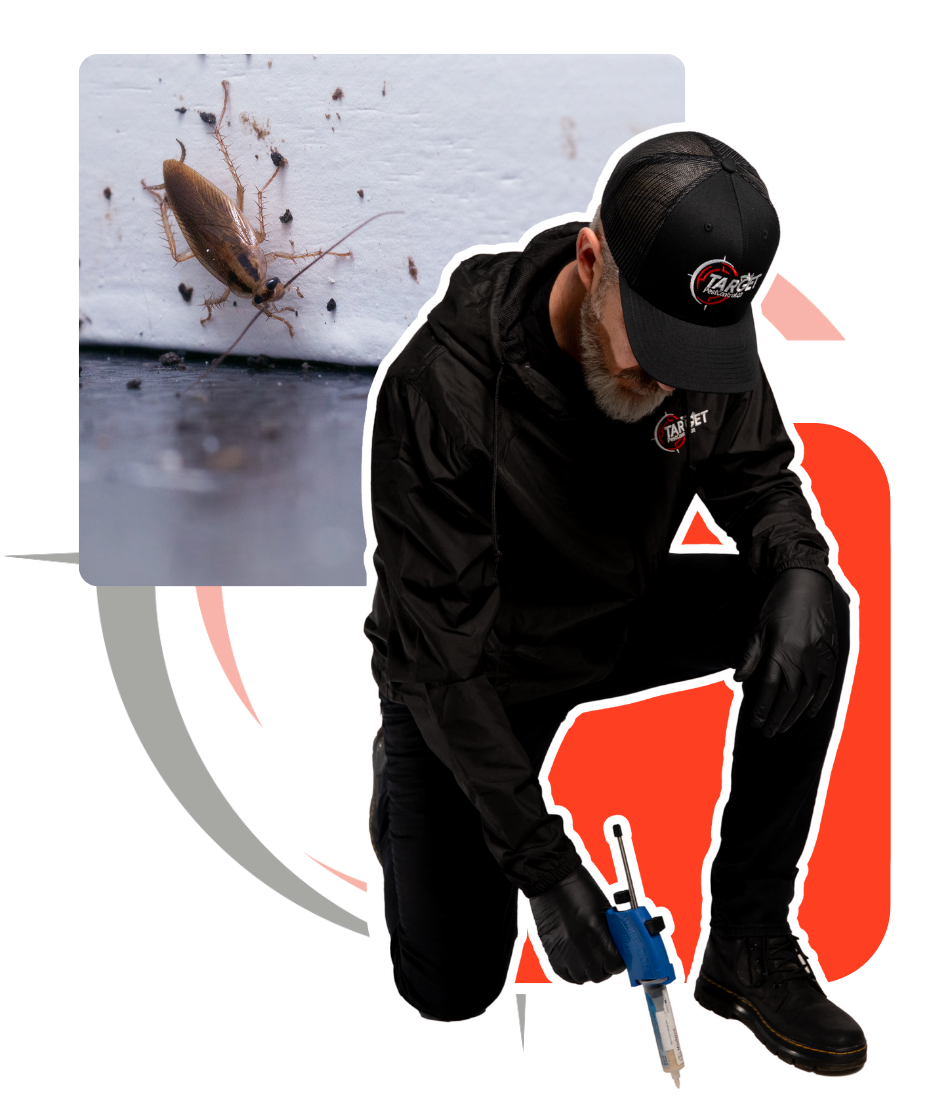 A man is kneeling down next to a picture of a cockroach on the ground