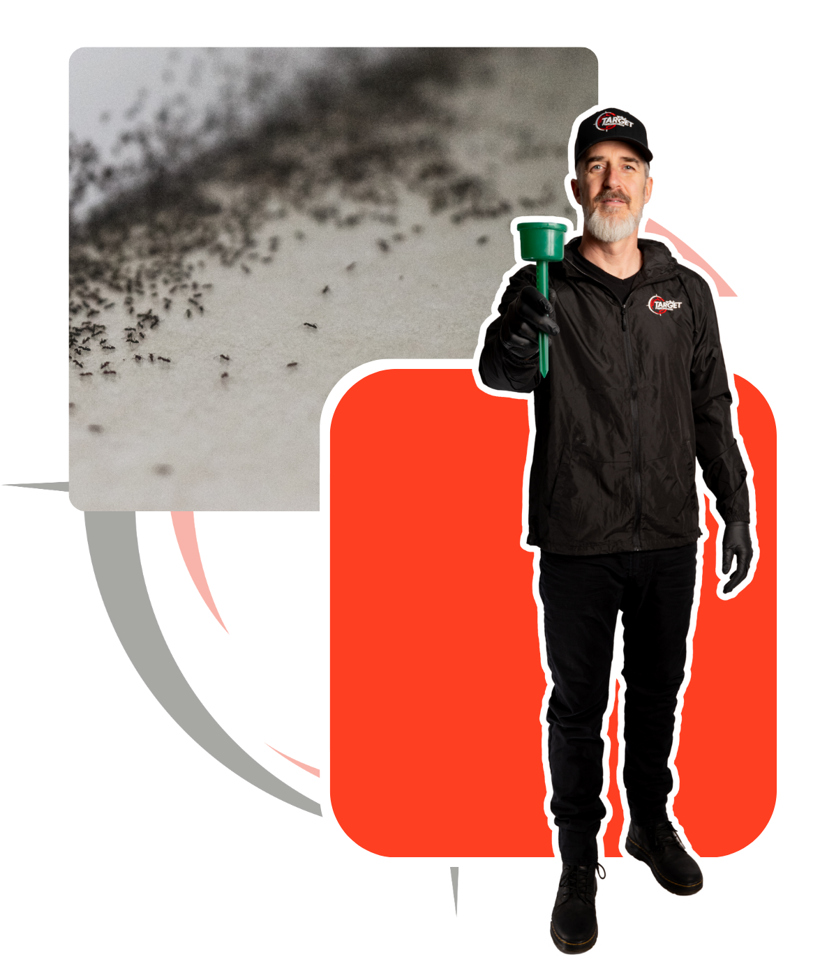 A man in a black jacket is holding a green ant bait stations with picture of ants behind him