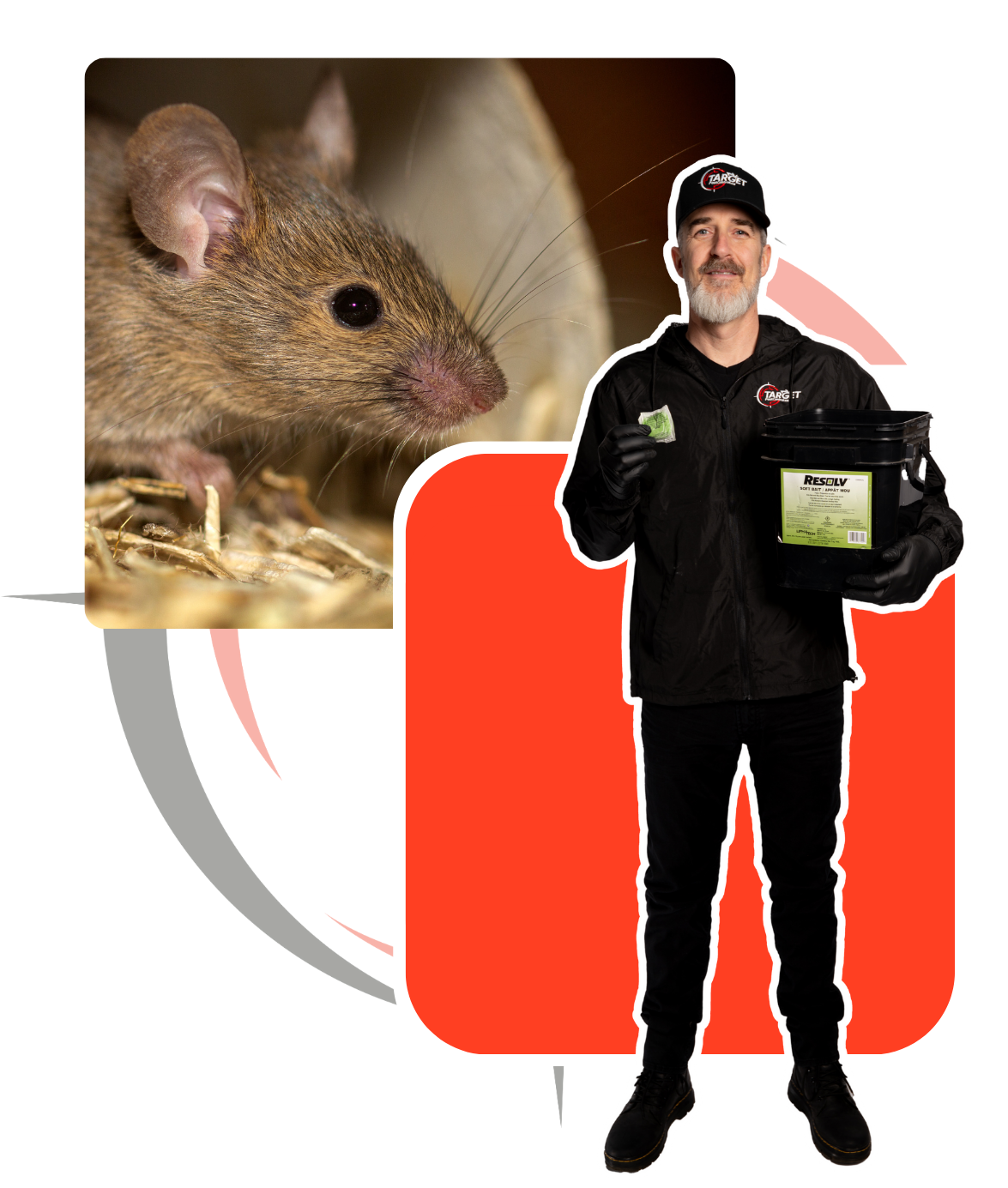 A man in a black hat is kneeling down next to a box with mouse bait in it.