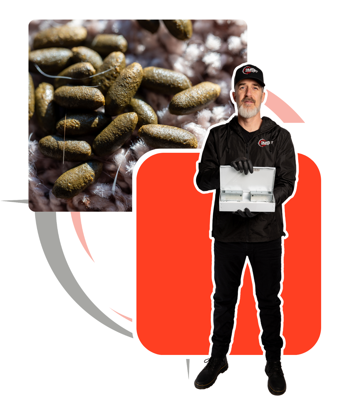 A man is holding a metal rodent trap (box) with a picture of mouse poop behind him