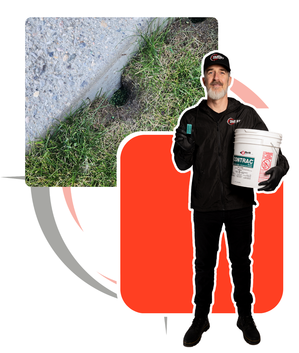 A man is holding a white bucket that says 'pest control' on it standing in front of a picture of a rodent hole