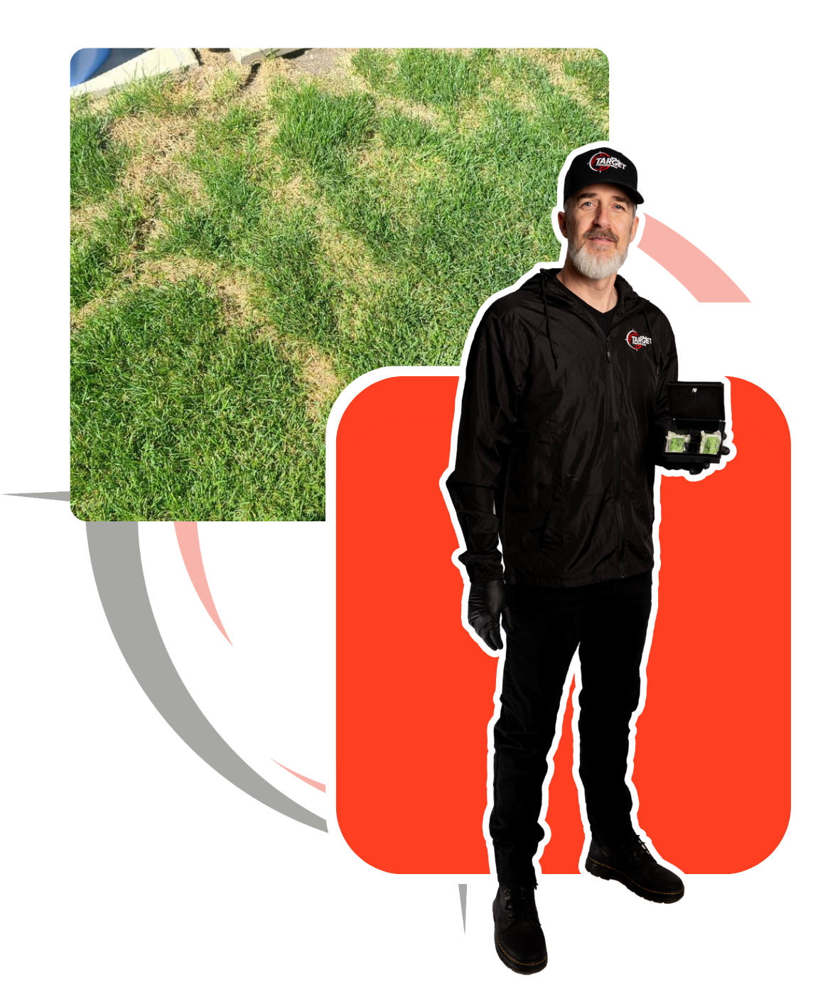 A man with a beard is standing in front of a picture of grass damaged by Voles