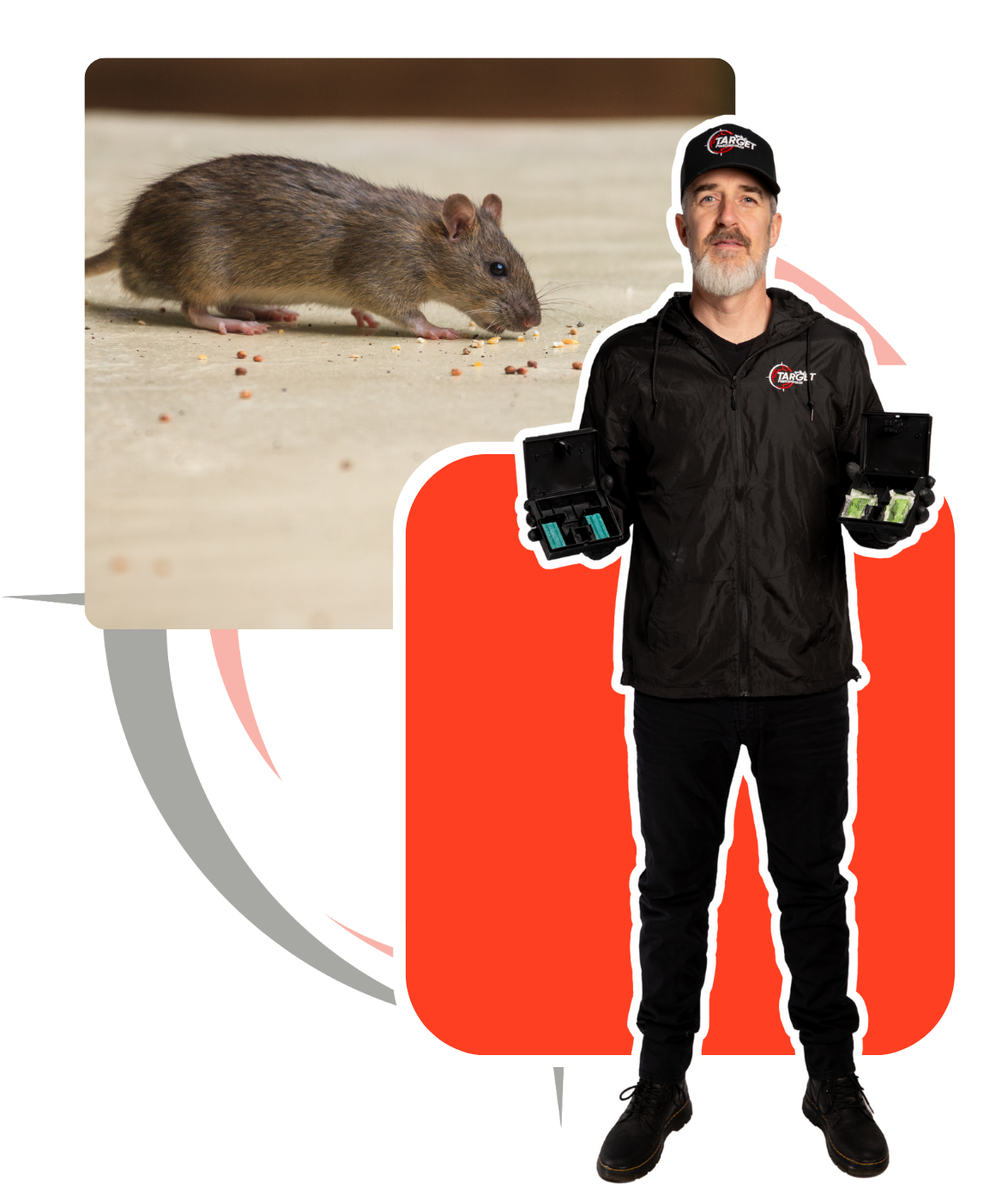 A man standing next to a picture of a rat holding 2 boxes of mouse poison