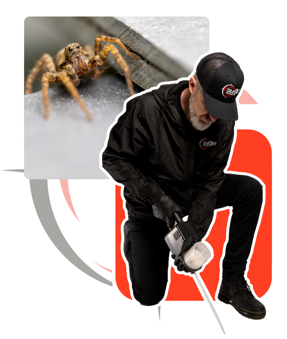 A man is kneeling down next to a spider and spraying it