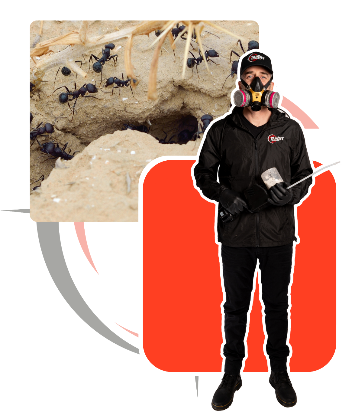 a man wearing a gas mask stands in front of a picture of ants