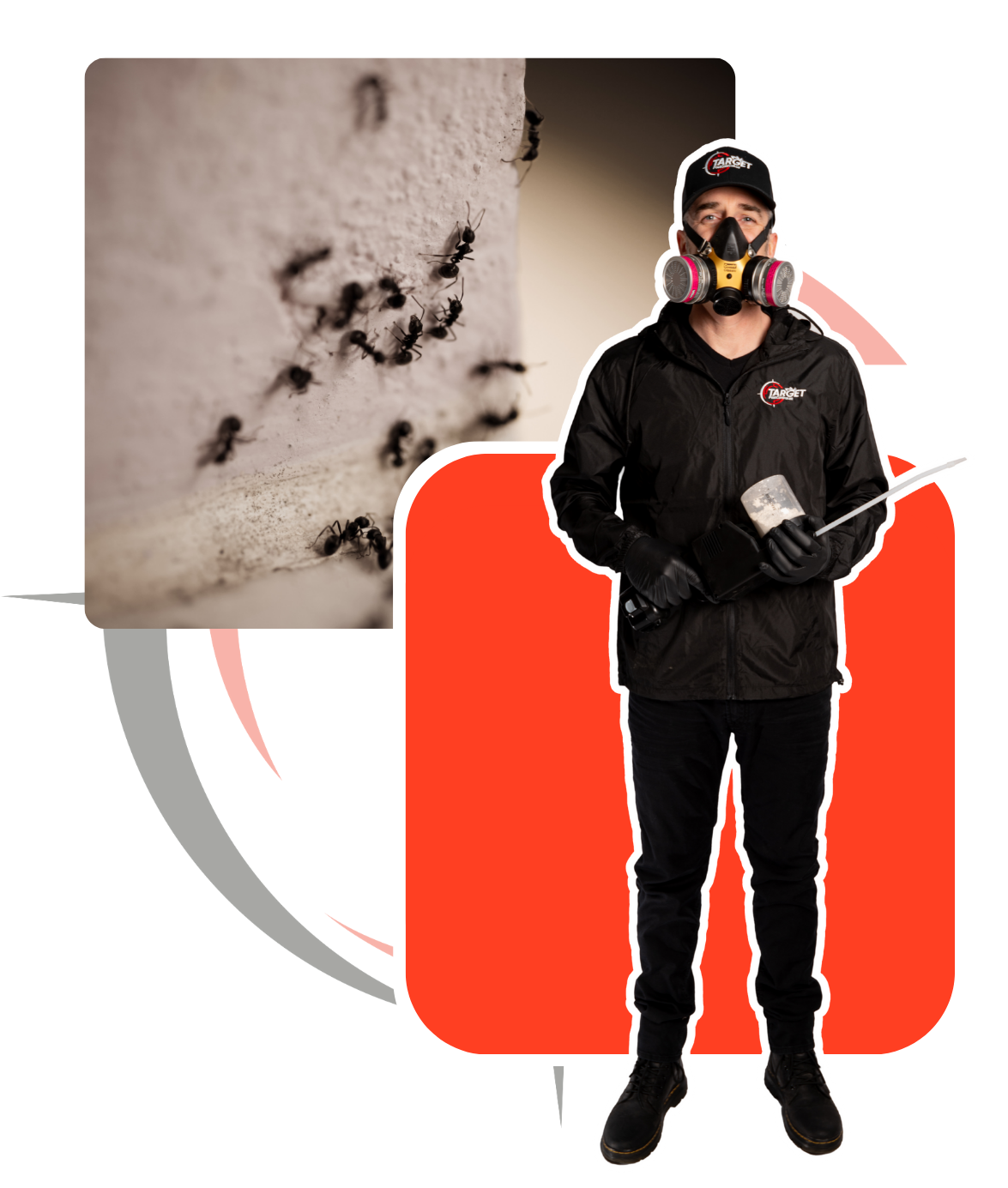 A man wearing a gas mask stands next to a picture of ants on a wall