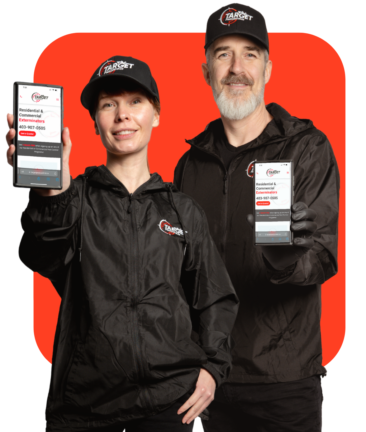 A man and a woman pest control technicians who are holding up their cell phones