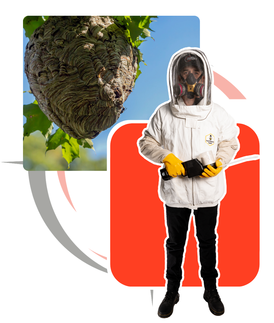 a man wearing a gas mask is standing in front of a wasp nest .