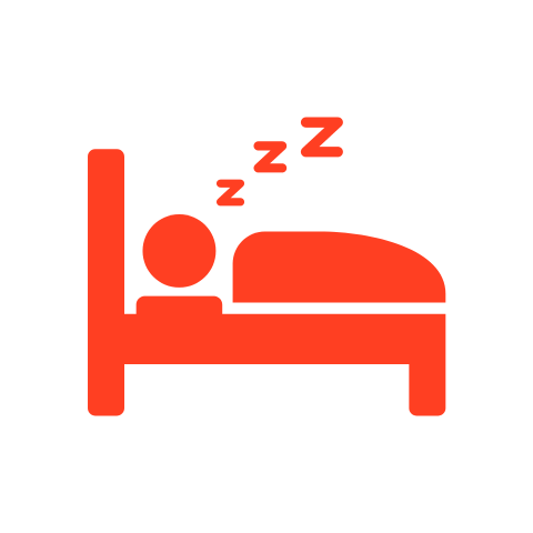 A red icon of a person sleeping in a bed.