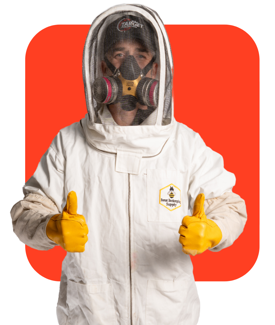 a man wearing a bee suit and a gas mask is giving a thumbs up