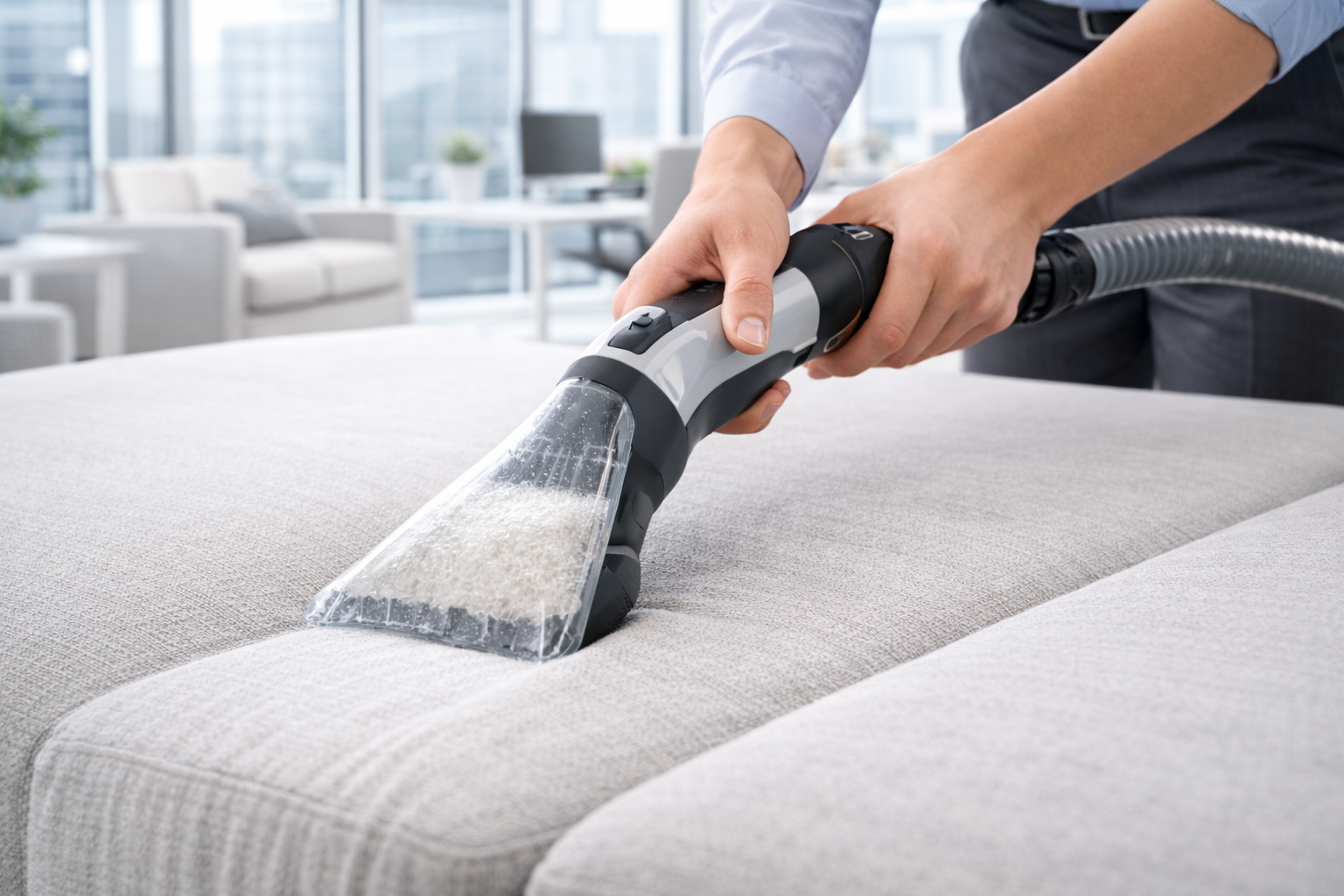 Person cleaning a light-colored couch with an upholstery cleaning machine in a modern living room.