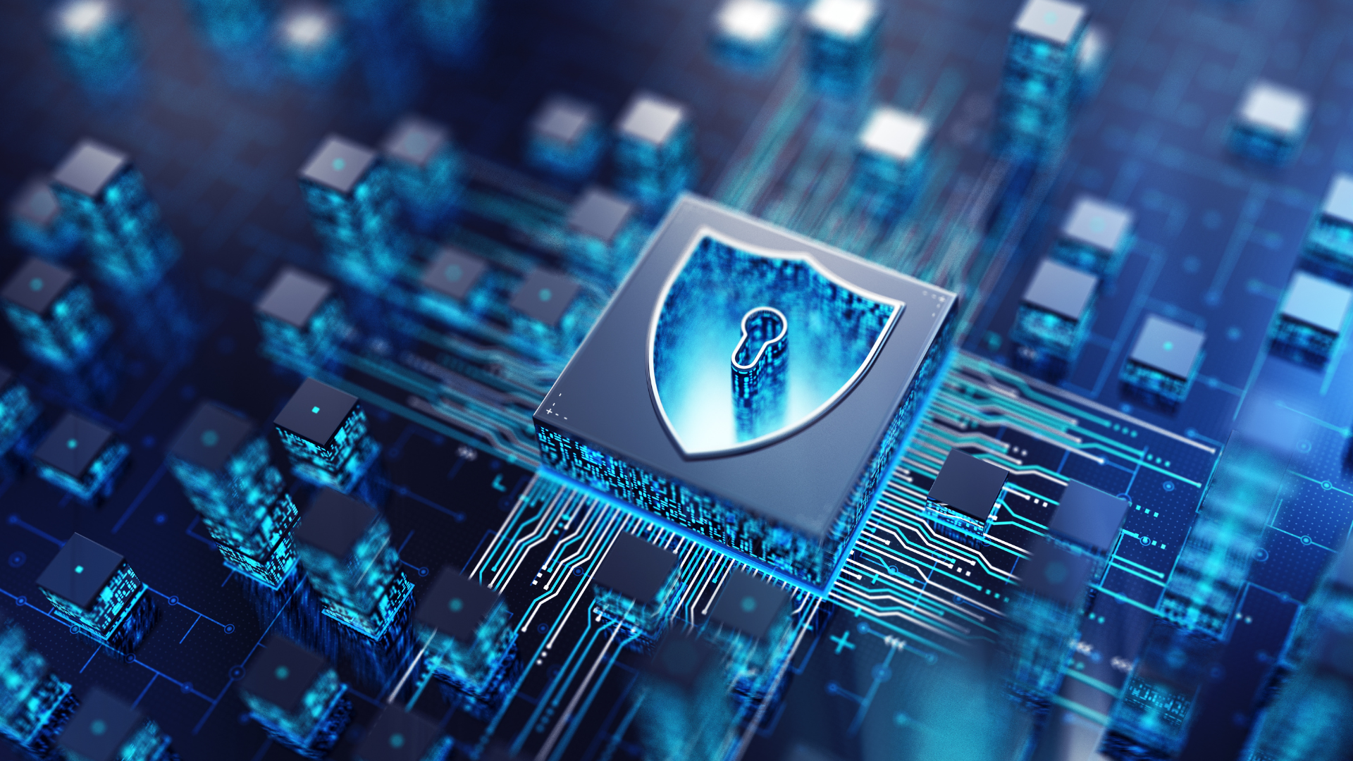 Close-up view of a circuit board with a blue shield icon featuring a lock symbol, representing cybersecurity.