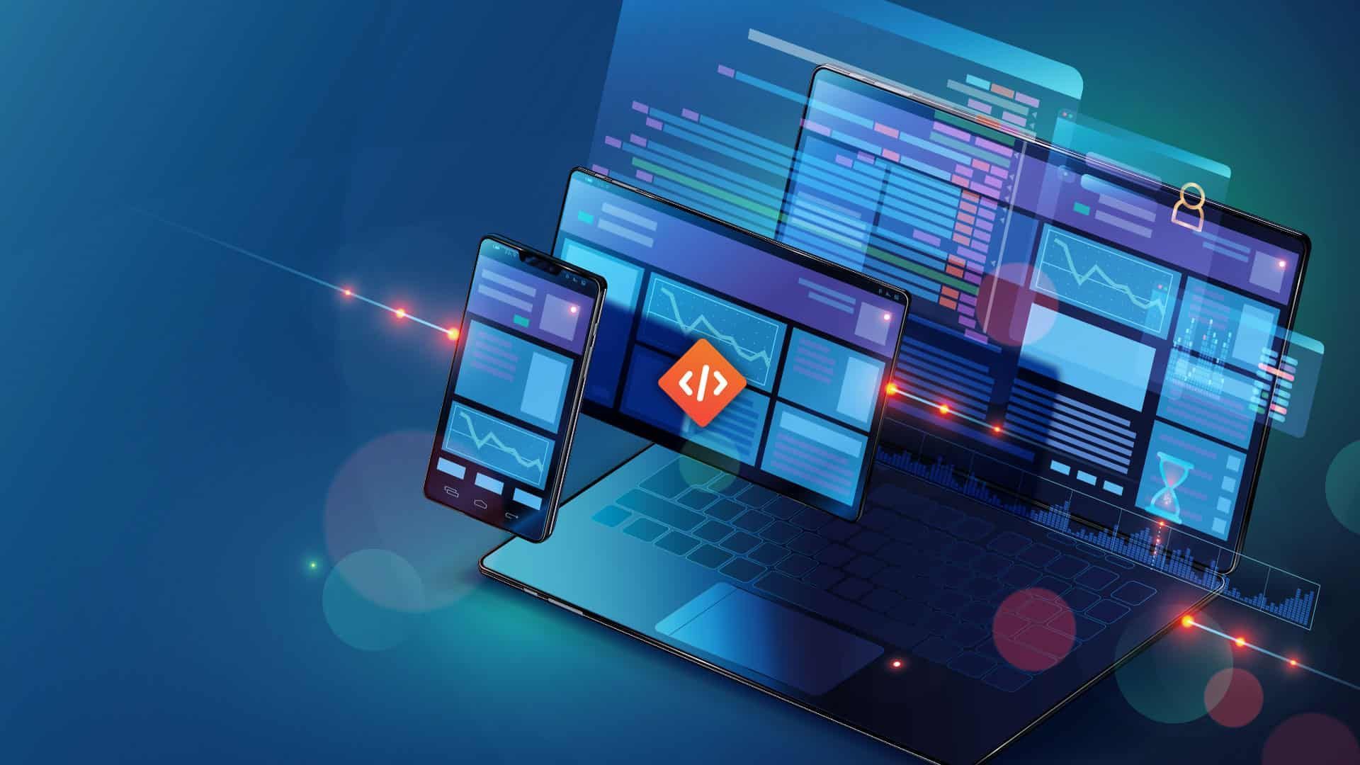 Laptop, phone, and tablet displaying code and data visualizations, against a blue background, with orange light trails.
