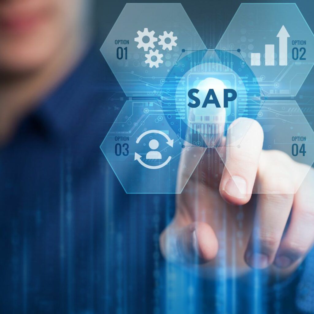 Person touching a digital SAP interface with embedded icons representing processes.