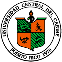 Universidad Central del Caribe seal, Puerto Rico. Shield divided into quadrants, surrounded by text, and a decorative top.