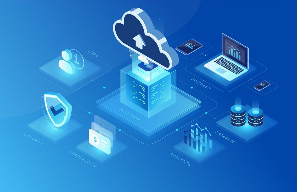 Isometric view of cloud computing concept with laptop, smartphone, server, and data icons, depicted in blue.