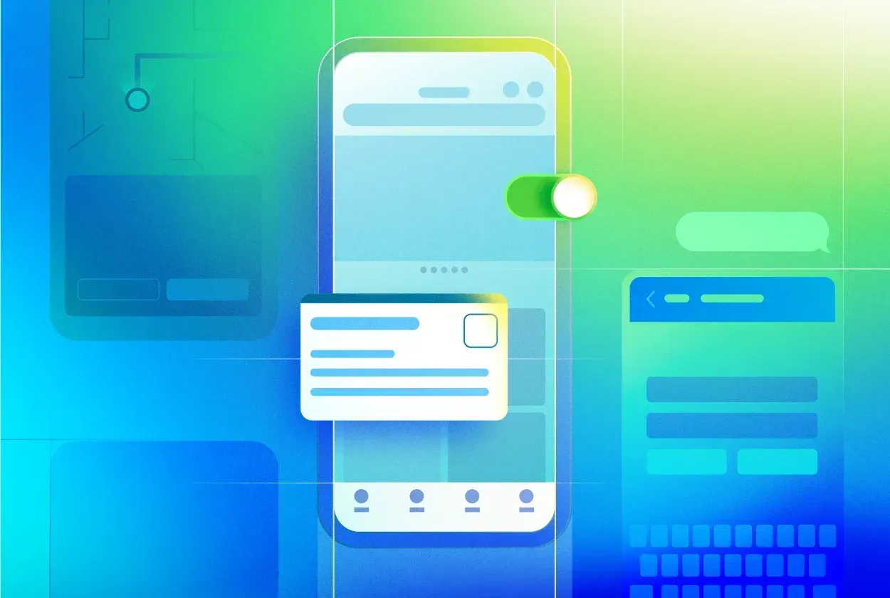 Smartphone interface with a credit card overlay and toggle switch, blue and green gradient background.