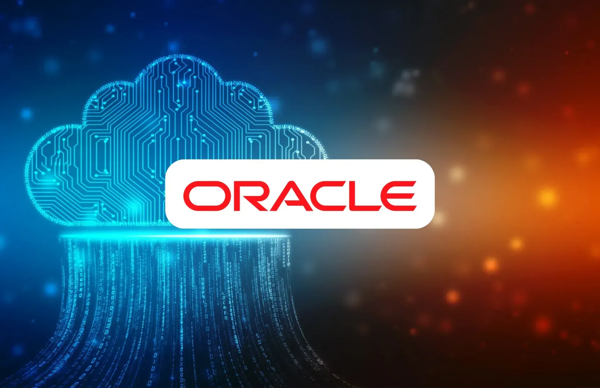 Oracle logo over a digital cloud with an orange and blue background.