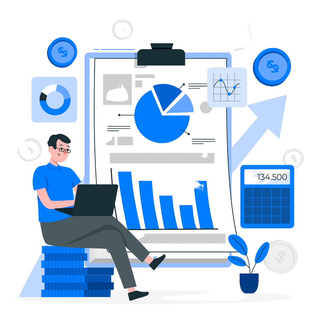 Man analyzing charts on a laptop, with financial data and coin illustrations, in a blue and white color scheme.
