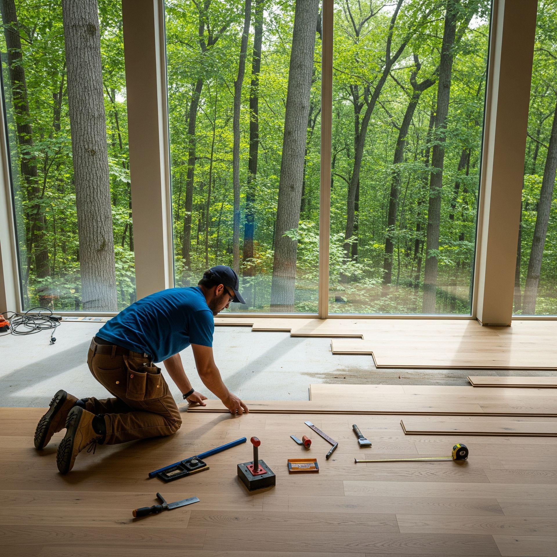 Construction worker in a white hard hat and face mask examining blueprints at a construction site.