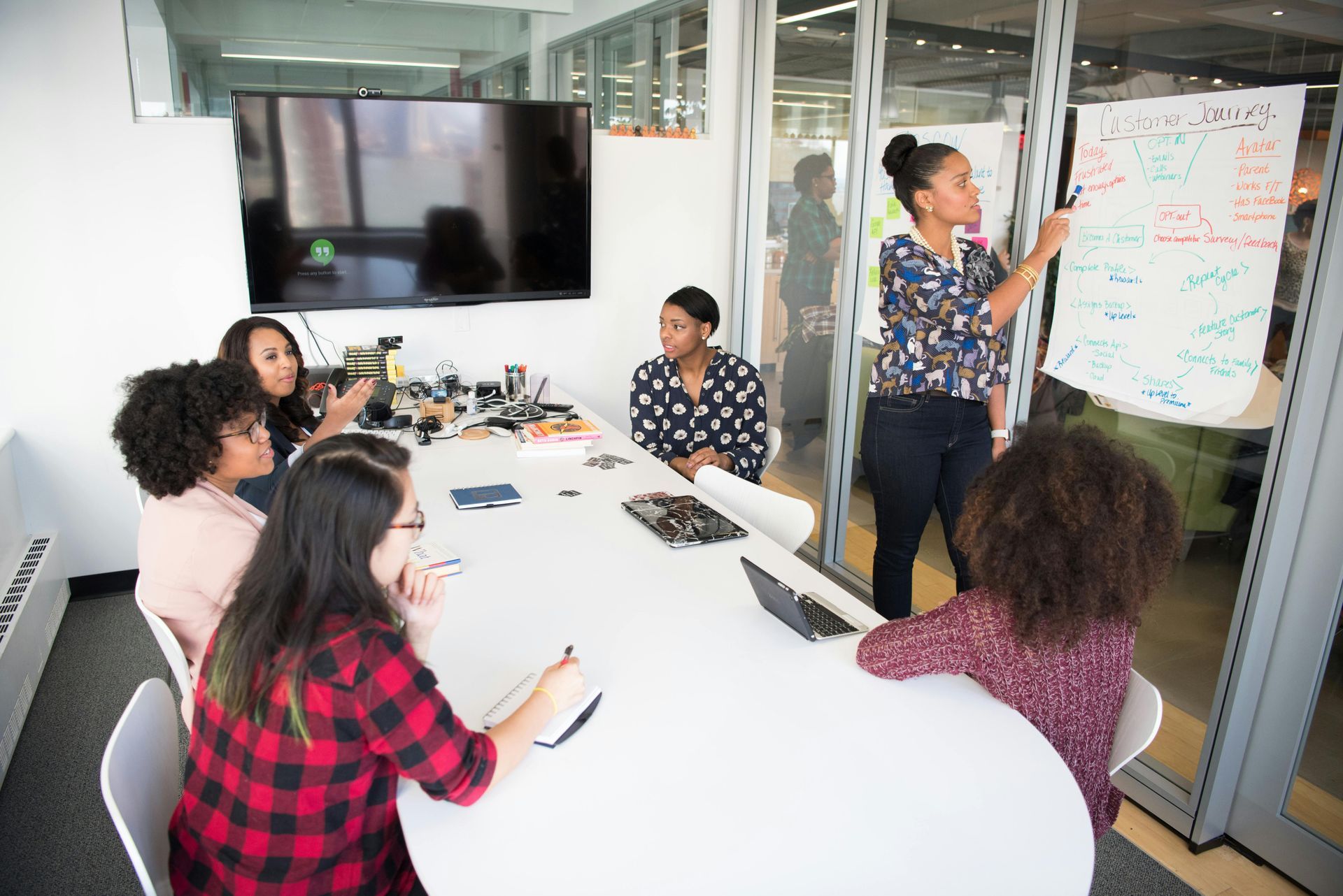 A woman presents to a group in a meeting room, pointing at a whiteboard; others sit around a large white table, taking notes.