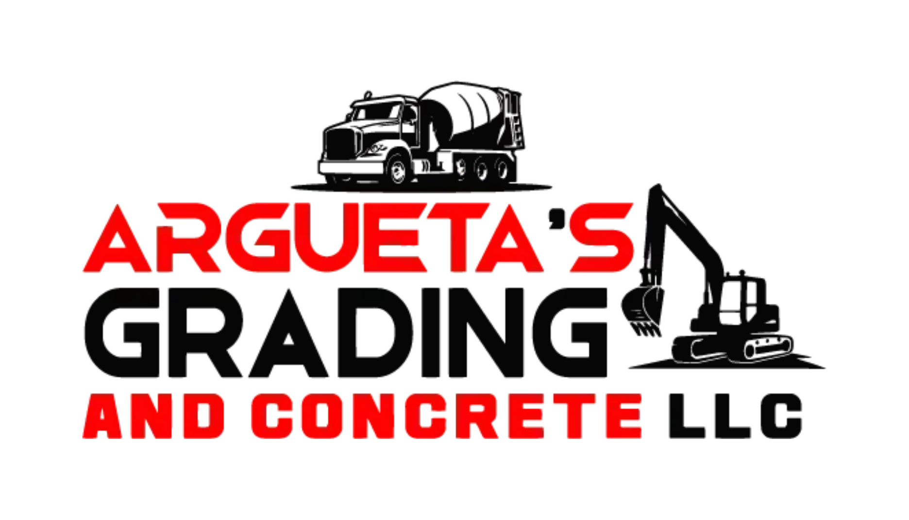Logo for Argueta's Grading and Concrete LLC with a cement truck, an excavator, red text, and black text.