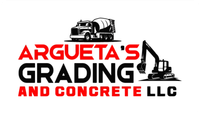 Logo for Argueta's Grading and Concrete LLC with a cement truck, an excavator, red text, and black text.
