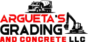 Logo for Argueta's Grading and Concrete LLC with a cement truck, an excavator, red text, and black text.