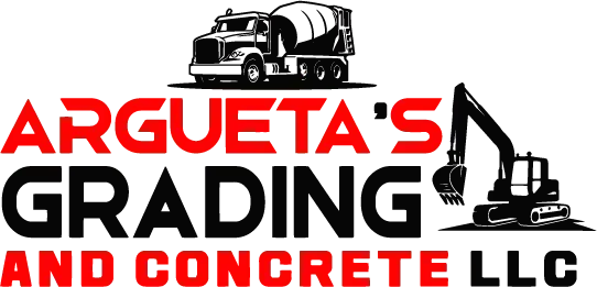 Logo for Argueta's Grading and Concrete LLC with a cement truck, an excavator, red text, and black text.
