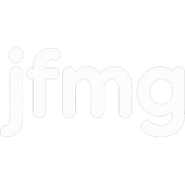 jfmg abbreviated company logo. White lowercase letters with a plain black font