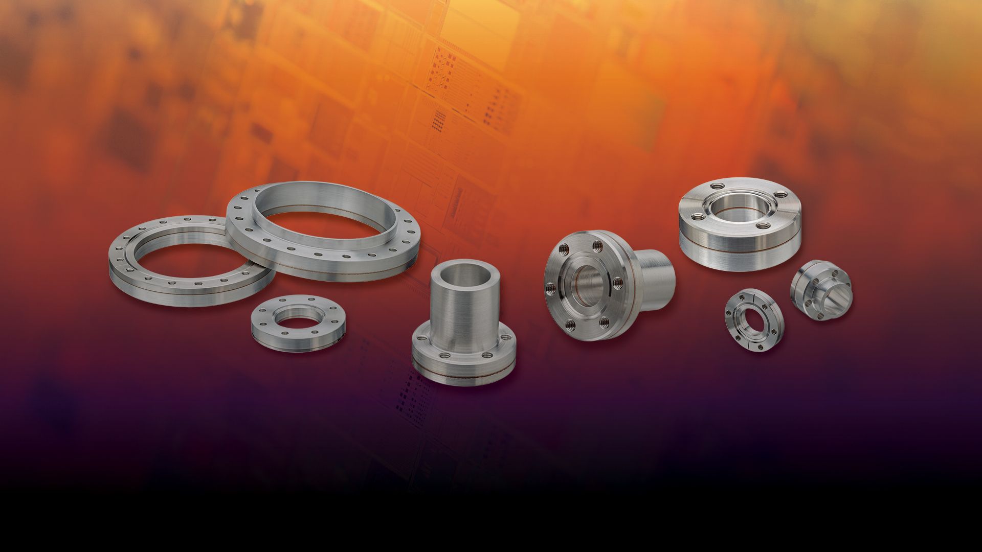 CFBI bimetal aluminum and stainless conflat flanges shown in multiple sizes and configurations.