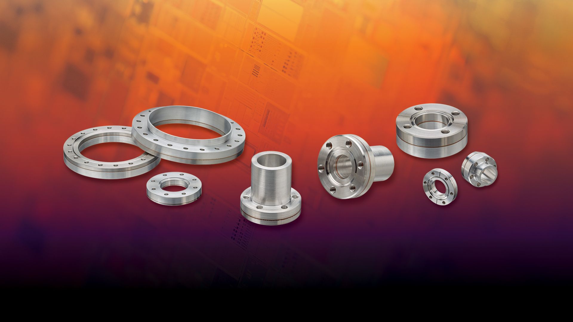 CFBI bimetal aluminum and stainless conflat flanges shown in multiple sizes and configurations.