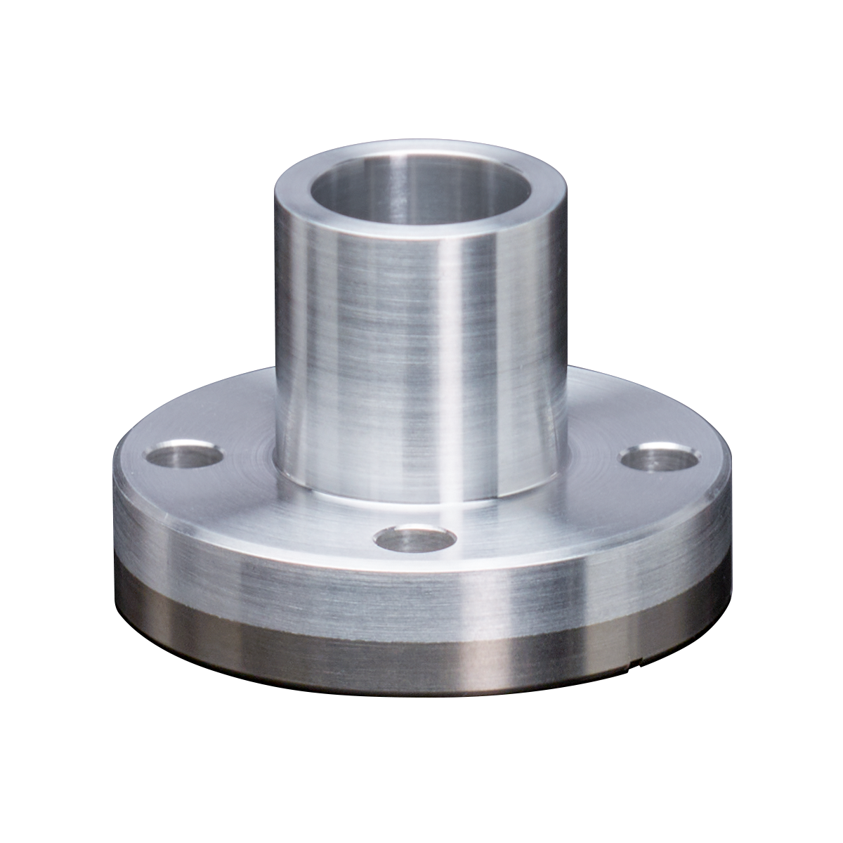 A stainless steel flange with a hole in the middle