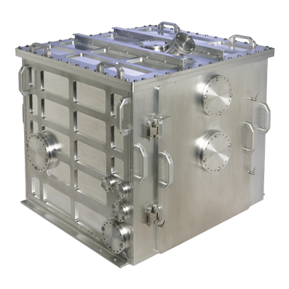 A stainless steel cube with handles on the side