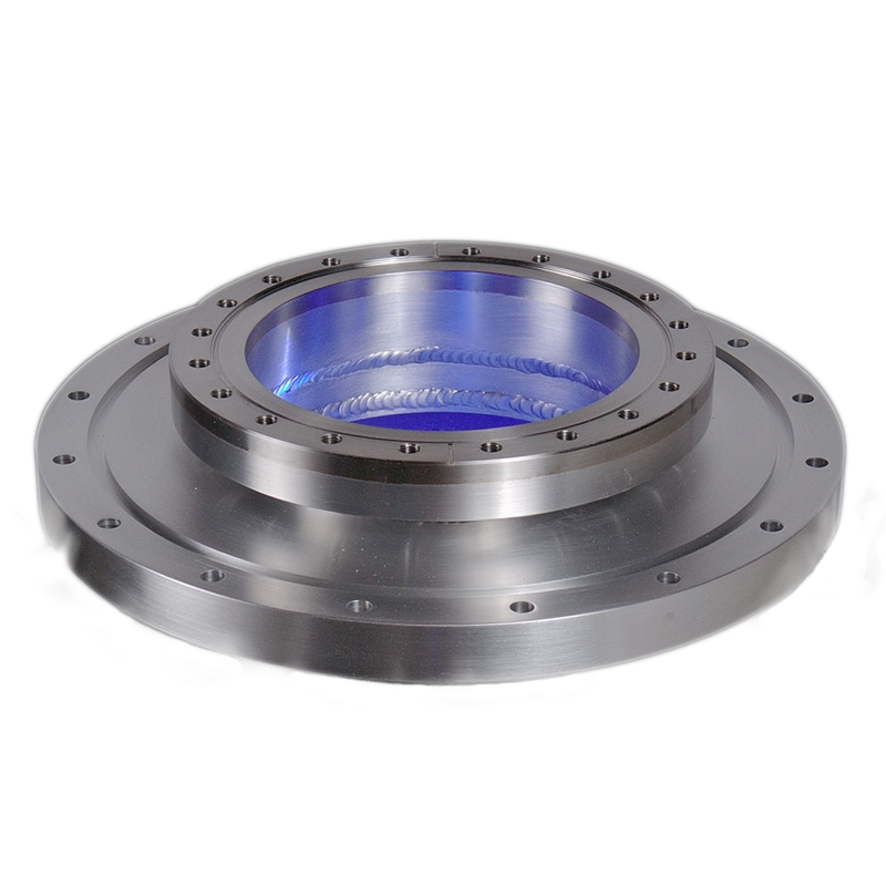 A stainless steel flange with a blue ring in the middle