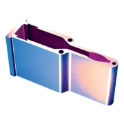 A blue and purple metal object with holes in it on a white background.