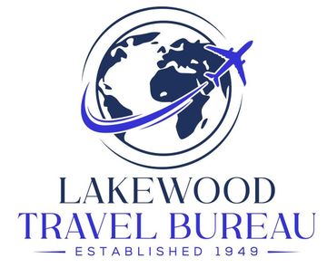 The logo for lakewood travel bureau shows a plane flying around the globe.