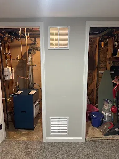 Basement with furnace and utility storage. Gray walls, vent covers. Carpeting and wood shelves.