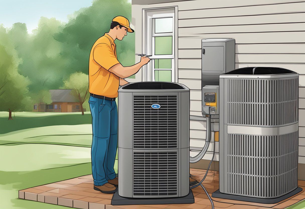 A technician in a yellow shirt services an outdoor HVAC unit beside a house.