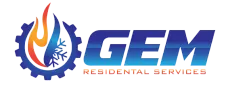 Logo for GEM Residential Services, with a gear, flame and snowflake icon, and text.