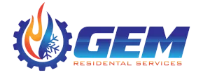 Logo for GEM Residential Services, with a gear, flame and snowflake icon, and text.
